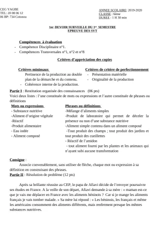 Première page de SVT 6e, 2nde A2, 2nde C, 2nde D — 1er devoir surveillé, 1er semestre (2019-2020) · CEG Yagbe