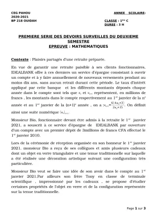 Première page de Mathématiques 1ère C — 1er devoir surveillé, 2e semestre (2020-2021) · CEG PAHOU