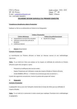 Première page de Histoire-Géographie 2nde A & B — 2e devoir surveillé, 1er semestre (2018-2019) · CEG Le Plateau