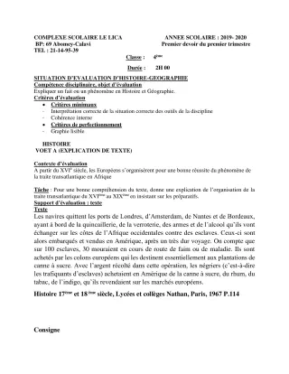 Première page de Histoire-Géographie 4e, 4e ML — 1er devoir surveillé, 1er trimestre (2019-2020) · CPEG LICA