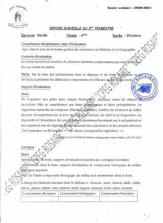 Première page de Histoire-Géographie 6e — 1er devoir surveillé (2020-2021) · CPEG ROSAIRE