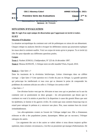 Première page de Français 2nde B — 1re évaluation sommative, 2e semestre (2021-2022) · CEG2 ABOMEY - CALAVI (CEG ZOCA)