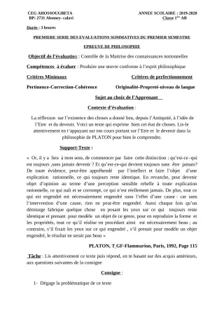 Première page de Philosophie 1ère A2 — 1re évaluation sommative, 1er semestre (2019-2020) · CEG Ahossougbéta