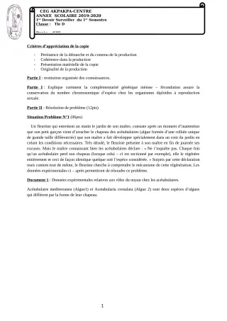 Première page de SVT Tle D — 1er devoir surveillé, 1er semestre (2019-2020) · CEG 1 Akpakpa-Centre