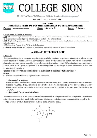 Première page de PCT 2nde D — 1er devoir surveillé, 2e semestre (2019-2020) · CEG PRIVE SION DES AD