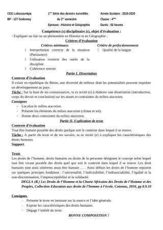 Première page de Histoire-Géographie 4e, 4e ML — 1er devoir surveillé (2019-2020) · CEG Lobozounkpa