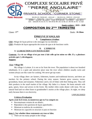 Première page de Anglais 5e — Composition (2019-2020) · CPEG PIERRE ANGULAIRE