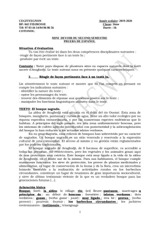 Première page de Allemand 3e ML — 1er devoir surveillé, 2e semestre (2019-2020) · CEG FIYEGNON
