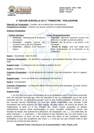 Première page de Philosophie Tle A, Tle B — 1er devoir surveillé, 1er trimestre (2019-2020) · CPEG LE PHARAON