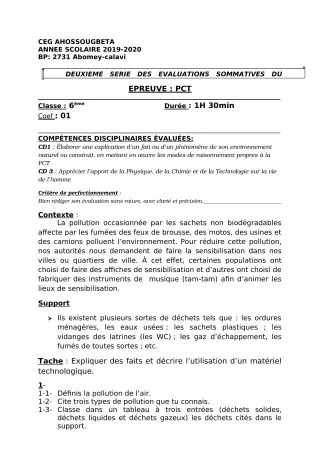 Première page de PCT 6e — 2e évaluation sommative (2019-2020) · CEG Ahossougbéta