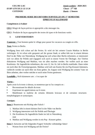 Première page de Allemand 2nde A, 2nde B — 1er devoir surveillé, 1er semestre (2020-2021) · CEG du Lac