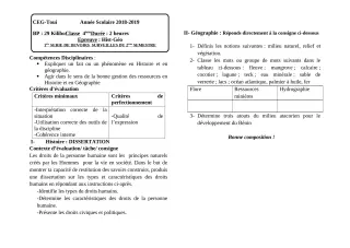 Première page de Histoire-Géographie 4e, 4e ML — 1er devoir surveillé, 2e semestre (2018-2019) · CEG TOUI