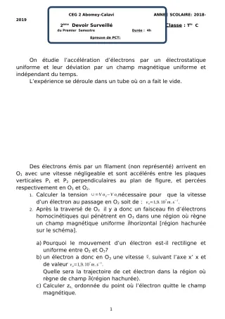 Première page de PCT Tle C — 2e devoir surveillé, 1er semestre (2018-2019) · CEG2 ABOMEY - CALAVI (CEG ZOCA)