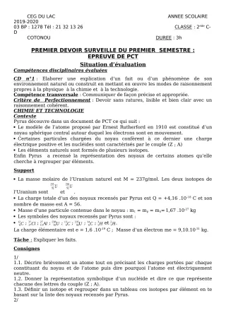 Première page de PCT 2nde C, 2nde D — 1er devoir surveillé, 1er semestre (2019-2020) · CEG du Lac
