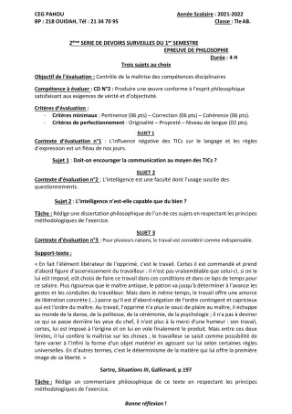 Première page de Philosophie Tle A2, Tle B — 2e devoir surveillé, 1er semestre (2021-2022) · CEG PAHOU