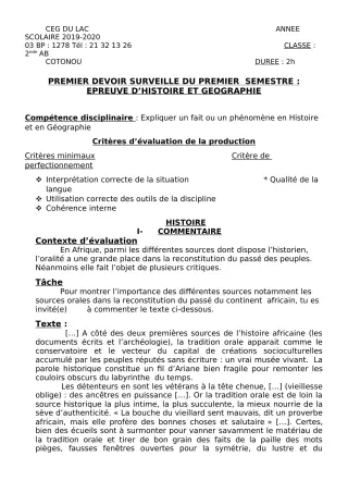 Première page de Histoire-Géographie 2nde A, 2nde B — 1er devoir surveillé, 1er semestre (2019-2020) · CEG du Lac