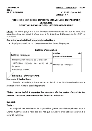 Première page de Histoire-Géographie 1ère A1, 1ère A2, 1ère B — 1er devoir surveillé, 1er semestre (2020-2021) · CEG PAHOU