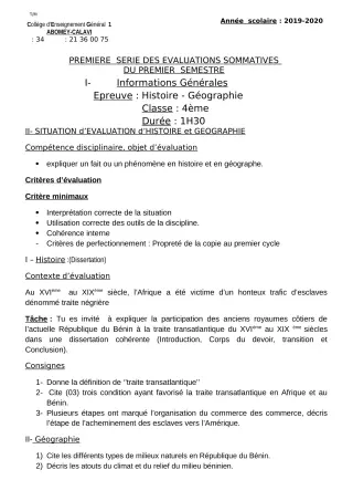 Première page de Histoire-Géographie 4e, 4e ML — 1re évaluation sommative, 1er semestre (2019-2020) · CEG1 Abomey-Calavi