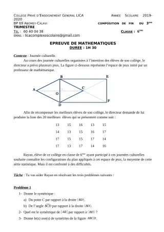 Première page de Mathématiques 6e — Composition, 1er trimestre (2019-2020) · CPEG LICA
