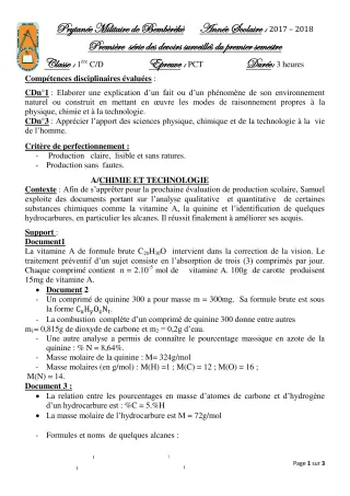 Première page de PCT 1ère C — 1er devoir surveillé, 1er semestre (2018-2019) · PMB