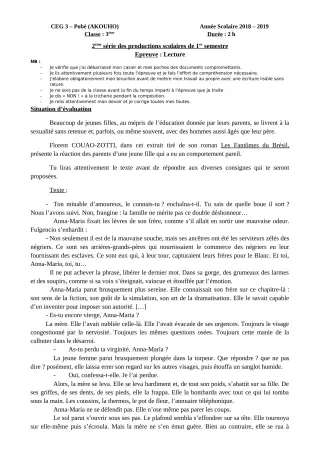 Première page de Français 3e, 3e ML — 2e production scolaire, 1er semestre (2018-2019) · CEG3 Pobè (Akouho)