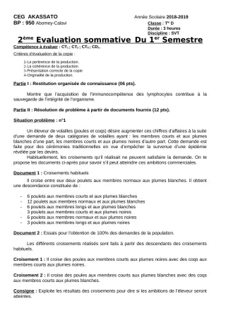 Première page de SVT 6e, 5e, 4e ML&MC, 3e, 3e ML, 2nde A & B, 2nde C, 2nde D, 1ère A, 1ère B, 1ère C, 1ère D, Tle A1, Tle A2, Tle B, Tle C, Tle D — 2e évaluation sommative, 1er semestre (2018-2019) · CEG Akassato