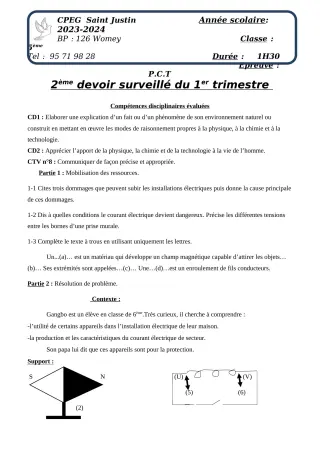 Première page de PCT 6e, 5e — 2e devoir surveillé, 1er trimestre (2023-2024) · CPEG SAINT Justin