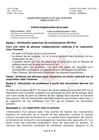 Première page de SVT 6e — Devoir surveillé, 2e semestre (2023-2024) · CEG Yagbe