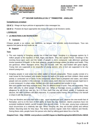 Première page de Anglais Tle A, Tle B — 2e devoir surveillé, 1er trimestre (2019-2020) · CPEG LE PHARAON