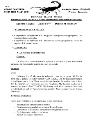 Première page de Anglais 6e, 4e ML&MC, 2nde A — 1re évaluation sommative, 1er semestre (2019-2020) · CEG Dantokpa