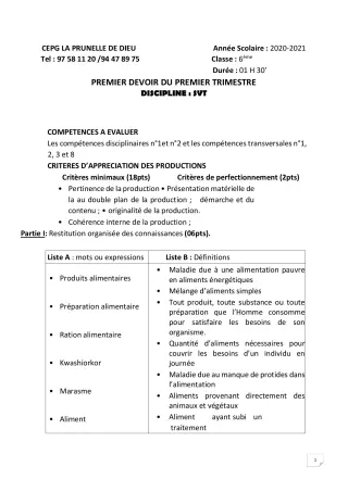 Première page de SVT 6e, 5e, 4e, 3e, 3e ML, 2nde B, 2nde D — 1er devoir surveillé, 1er trimestre (2020-2021) · CEPG La Prunelle de Dieu