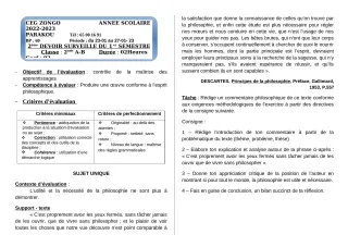 Première page de Philosophie 2nde A, 2nde B, 2nde C, 2nde D, 1ère A1, 1ère A2, 1ère B, 1ère C, 1ère D, Tle A1, Tle A2, Tle B, Tle C, Tle D — 2e devoir surveillé, 1er semestre (2022-2023) · CEG ZONGO