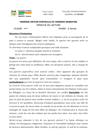 Première page de Français 3e — 1er devoir surveillé, 1er semestre (2021-2022) · CEG SEKERE
