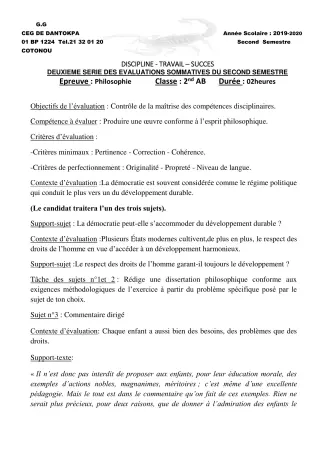 Première page de Philosophie 2nde A, 2nde B, 2nde C, 2nde D, 1ère A2, 1ère B, 1ère C, 1ère D, Tle A1, Tle A2, Tle B, Tle C, Tle D — 2e évaluation sommative, 2e semestre (2019-2020) · CEG Dantokpa