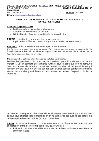Première page de SVT 2nde A2, 2nde B — 1er devoir surveillé, 2e trimestre (2019-2020) · CPEG LICA
