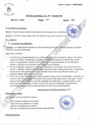 Première page de Anglais 3e, 3e ML — Devoir surveillé, 3e trimestre (2020-2021) · CPEG ROSAIRE