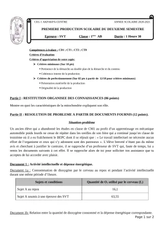 Première page de SVT 1ère A2, 1ère B — 1re production scolaire, 2e semestre (2020-2021) · CEG 1 Akpakpa-Centre