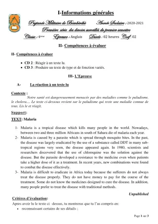 Première page de Anglais 4e — 1er devoir surveillé, 1er semestre (2020-2021) · PMB