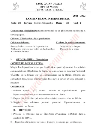 Première page de BAC blanc 2022 histoire géographie série c-d cpeg saint justin
