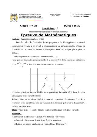 Première page de Mathématiques Tle A2 — 1er devoir surveillé, 1er semestre (2022-2023) · CEG SEKERE