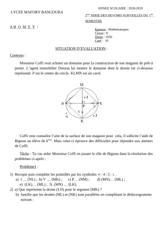 Première page de Mathématiques 6e — 2e devoir surveillé, 1er semestre (2018-2019) · Lycée Houegbadja d'Abomey (Ex Mafory Bangoura)