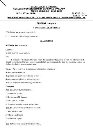 Première page de Anglais 6e, 5e, 4e ML&MC, 3e, 3e ML, 2nde A & B, 2nde C, 2nde D, 1ère A & B, 1ère C, 1ère D, Tle A & B, Tle C, Tle D — 1re évaluation sommative, 1er semestre (2019-2020) · CEG1 Allada