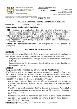 Première page de PCT Tle D — 1re production scolaire, 2e semestre (2022-2023) · CEG1 Ikpinlè
