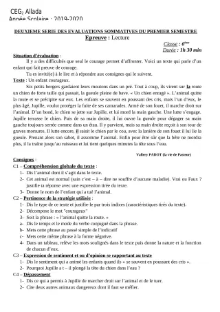 Première page de Français 6e, 5e, 4e, 4e ML, 3e, 3e ML, 2nde A & B, 2nde D, 1ère B, 1ère D — 2e évaluation sommative, 1er semestre (2019-2020) · CEG 2 Allada