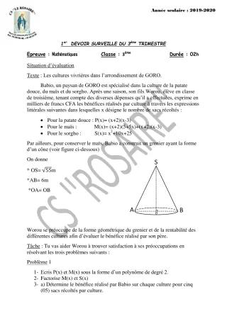 Première page de Mathématiques 3e, 3e ML — 1er devoir surveillé, 3e trimestre (2019-2020) · CPEG ROSAIRE