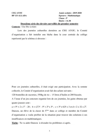 Première page de Mathématiques 5e — 2e devoir surveillé, 1er semestre (2019-2020) · CEG AYOU