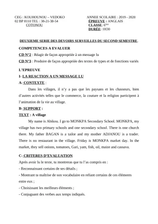 Première page de Anglais 6e — 2e devoir surveillé, 2e semestre (2019-2020) · CEG Kouhounou-Vêdoko