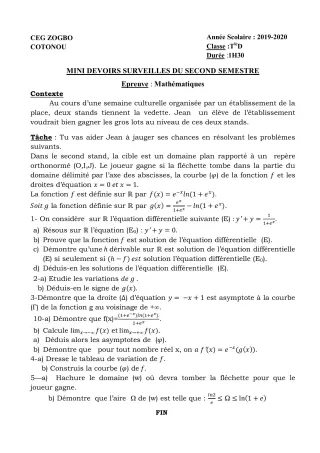 Première page de Mathématiques Tle D — 1er devoir surveillé, 2e semestre (2019-2020) · CEG ZOGBO