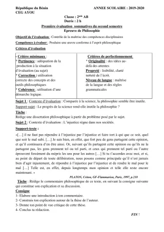 Première page de Philosophie 2nde A & B — 1re évaluation sommative, 2e semestre (2019-2020) · CEG AYOU
