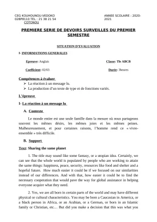 Première page de Anglais Tle A1, Tle A2, Tle B, Tle C, Tle D — 1er devoir surveillé, 1er semestre (2020-2021) · CEG Kouhounou-Vêdoko